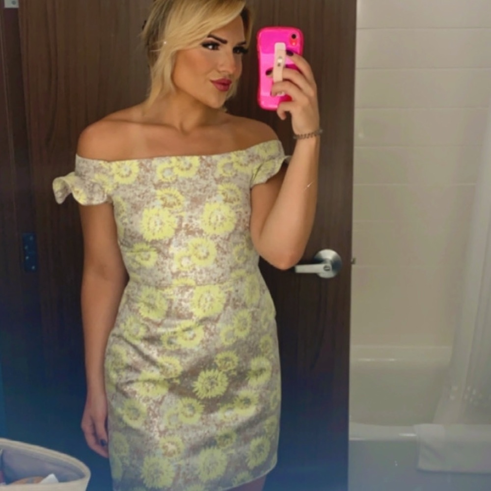 TOPSHOP shimmery floral off the shoulder mini dress wedding guest yellow silver